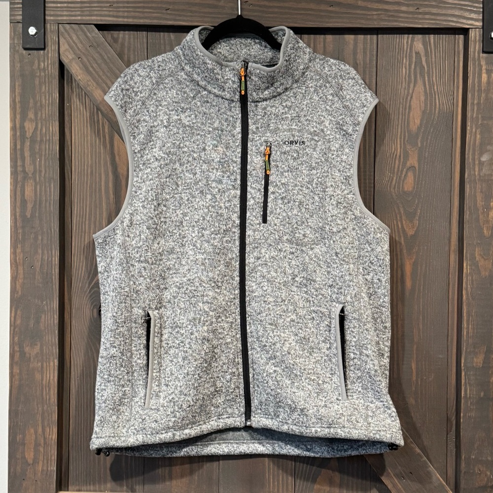 Orvis Men's Fleece Full Zip‎ Sweater Vest Heather Gray 3 Pockets Draw Cord Large